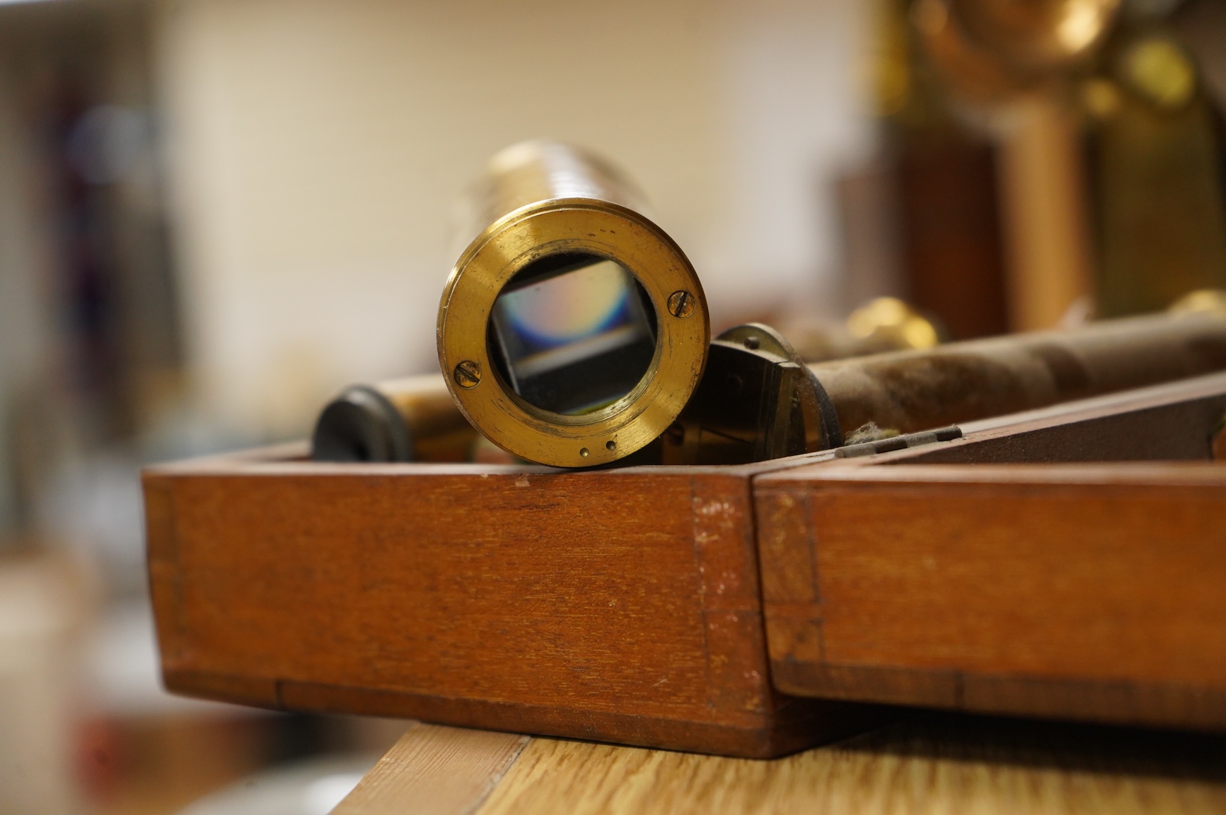 A late 19th century lacquered brass spectroscope, in three sections , by John Brown, 63, Strand, London, mahogany cased; 19 x 13.5 x 7cm
